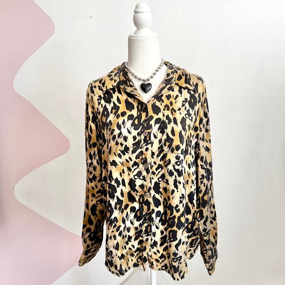 Vintage Linea by Louis Dell’Olio Leopard Print Top 100% Silk Y2K 2000s Large - Picture 1 of 5